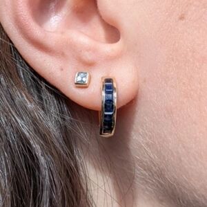 Single Channel Set Blue Sapphire Huggie Hoop Earring In 14k Yellow Gold